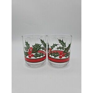 Vintage Set of (2) LIBBY Holly & Berries Ribbon 4" Old Fashioned Rocks Glasses